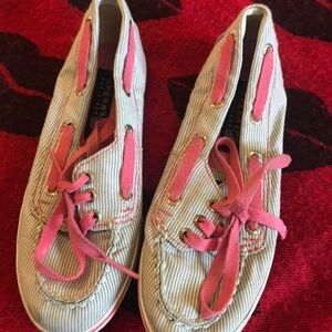 Kids pink and grey stripe sperry shoes 13.5